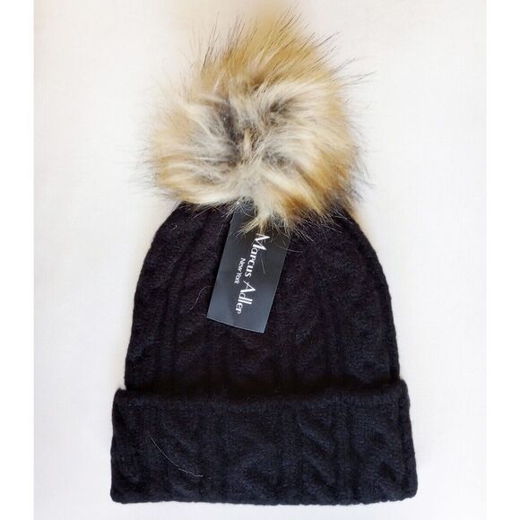 Marcus Adler NY Faux Fur Pom Pom Luxe Cable Knit Beanie Hat NWT $48 Black Gold - Picture 4 of 5